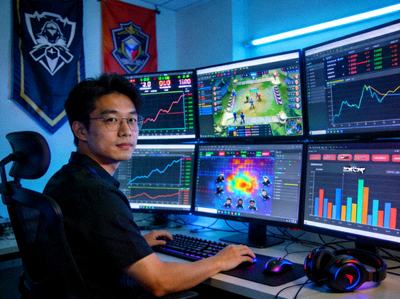 电竞数据分析师工作场景 - 屏幕上显示着复杂的比赛数据图表