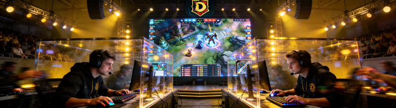 DOTA2国际邀请赛TI主舞台 - 选手在隔音房内激烈操作，现场大屏幕播放着游戏画面